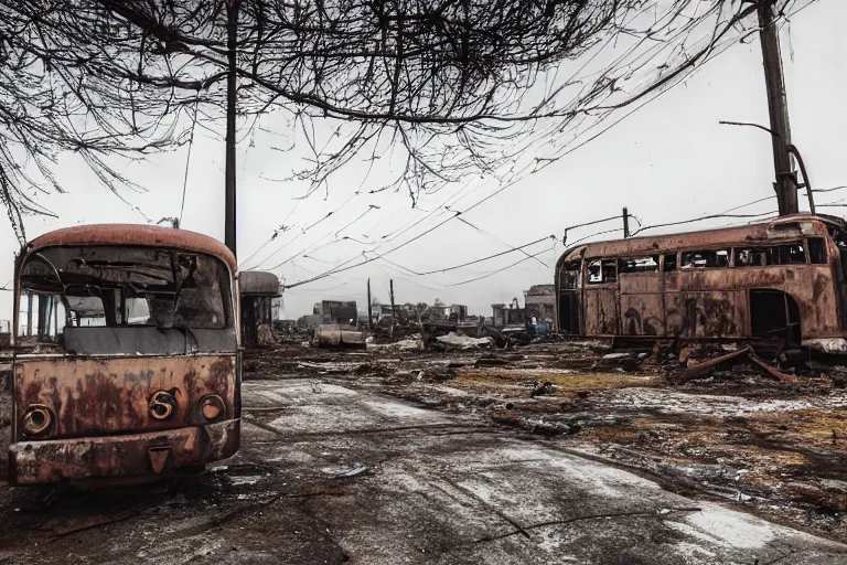 Prompt: low wide angle shot of dilapidated fallout 5, desolate rugged industrial area, few rusted retro futuristic vintage abandoned vehicles like cars, ( ( ( buses, trucks, trams ) ) ), volumetric lighting, photorealistic, foggy, early evening, winter, sharp focus, ultra detailed, 4 0 0 0 k