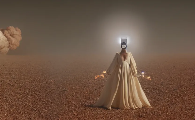 Image similar to levitating woman with fractal mirror dress with white flowers and full - face golden mask inside a thick black smoke in rocky desert landscape, sand alien city in the landscape, burning earth by gaspar noe and christopher doyle, anamorphic lens, anamorphic lens flares, kodakchrome, cinematic composition, practical effects, award winning photo, 8 k