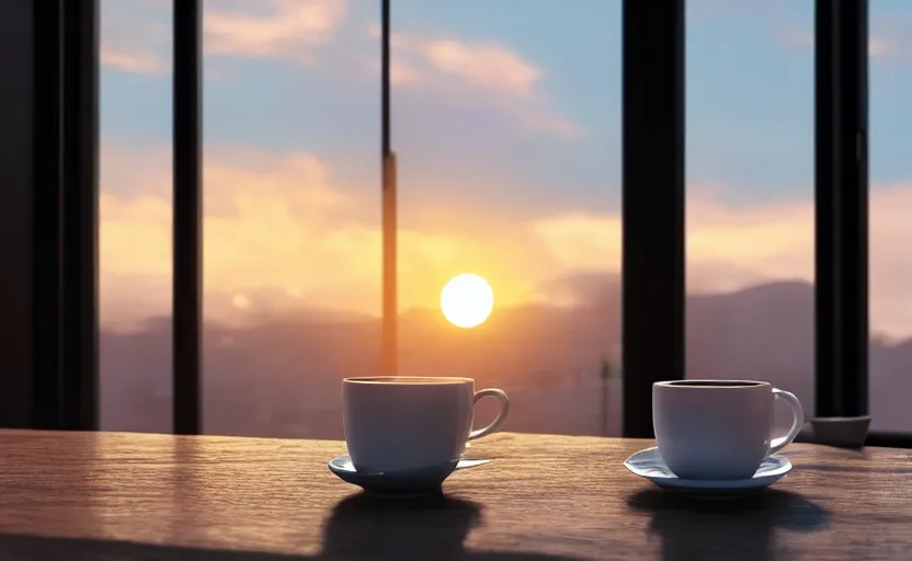 Image similar to a cup of coffee on a cafe table near a window with view to the sunrise, concept art, octane render, unreal engine 5, trending on artstation, high quality, highly detailed, path traced, high coherence, hyperrealistic, godrays, serene scene, soft lighting, macro photo