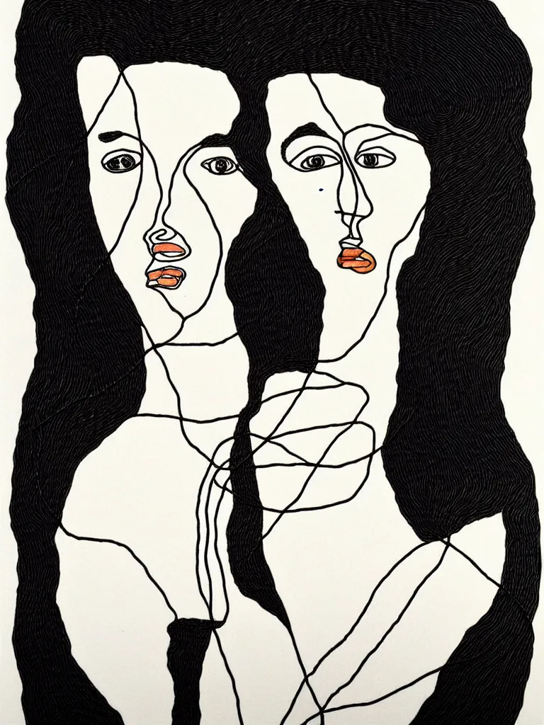 Image similar to beautiful elegant female portrait, black wire art, inspired by single line drawings from egon schiele, the bauhaus, henri matisse.