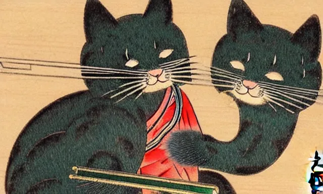 Prompt: cat ripping a bong, japanese woodblock, classical japanese art, traditional japanese art, kitty, cat, neko, weed, marijuana, cannabis, highly detailed, beautiful colors, award winning, dark, gritty, ink and watercolor