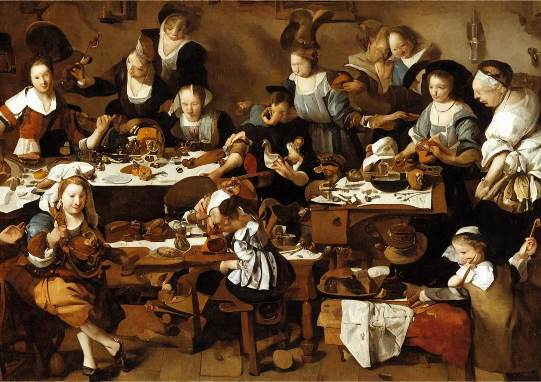 Prompt: Jan Steen. The gentle depth of the composition is based on a triangle, beautiful woman in the center. fallen asleep at the table on the left. “opportunity makes the thief ” little girl’s brother is trying out a pipe, playing carelessly with a string of pearls. lady of the house play a violin. to live at home were considered suspect in the popular culture of the Netherlands at the time. in a provocative gesture she holds a filled glass between the legs of the man of the house, while he dismisses with a grin the admonishment of the nun standing on the right. The duck on the shoulder identifies him as a Quaker, who urges the reading of pious texts. Finally, the pig in the doorway to the kitchen on the right. a sword and a crutch in a basket suspended from the ceiling. Luxuria extravagance. Steen had to earn a living by running an inn and a brewery. low ceiling, small chamber. Hyperrealistic, ultra detailed, 80mm, museum, artwork.