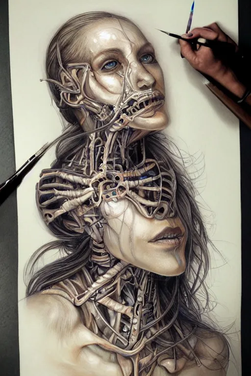 Prompt: beautiful painting portrait of biomechanical being by marco mazzoni, detailed, realistic skin color