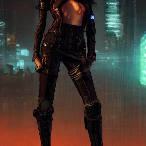 Image similar to full body portrait of an elf woman with elf ears wearing a leather jacket, cyberpunk digital art, dramatic lighting, illustration by Greg rutkowski, yoji shinkawa, 4k, digital art, concept art, trending on artstation