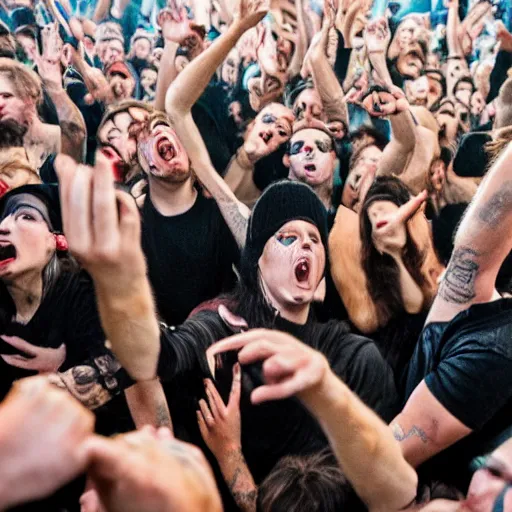 Prompt: a heard of cats in a mosh pit at a metal concert