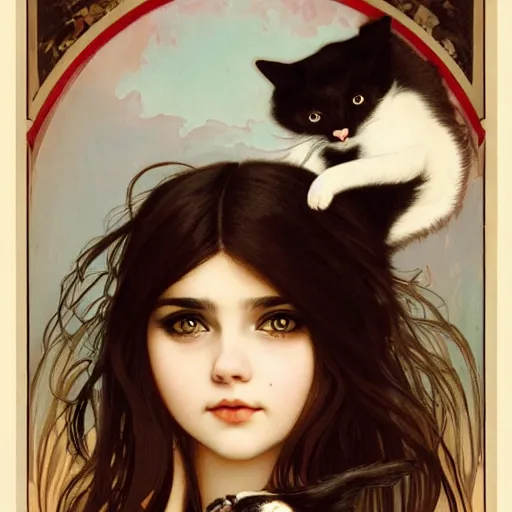 Prompt: baby - face goth girl with long dark hair parted sideways thick eyebrows and dark eyes, she is holding a cat in her arms, by juan villafuerte, greg rutkowski and alphonse mucha, pexels contest winner, high quality photo, rtx, hd