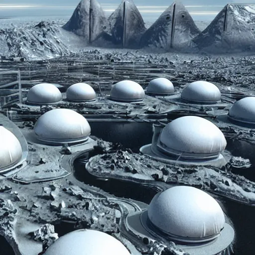 Prompt: a space colony on a icy planet with buildings mostly being domes