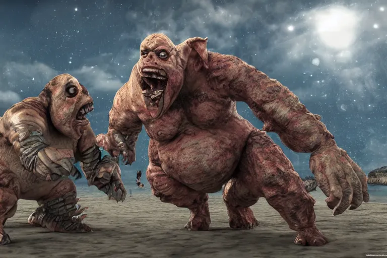 Image similar to photo, two old hairy fat ugly men! fighting alien monsters 4 0 1 2 9 on a beach, highly detailed, scary, intricate details, volumetric lighting, front view