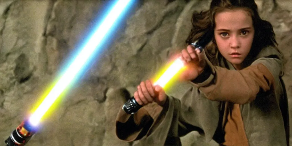 Image similar to a full color still of a teen brunette Jedi padawan holding a lightsaber hilt during a sci-fi battle, cinematic lighting, 1999, directed by Steven Spielberg, 35mm