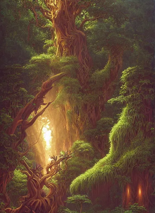 Image similar to ayahuma tree looking like an ent with brown round fruits, god rays at the top, art by christophe vacher