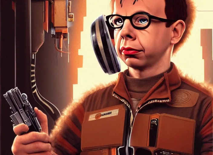 Image similar to young rick moranis with brown hair and a goatee in the fifth element, far future, highly detailed, trending on artstation, intricate, cinematic composition, by rutkowski