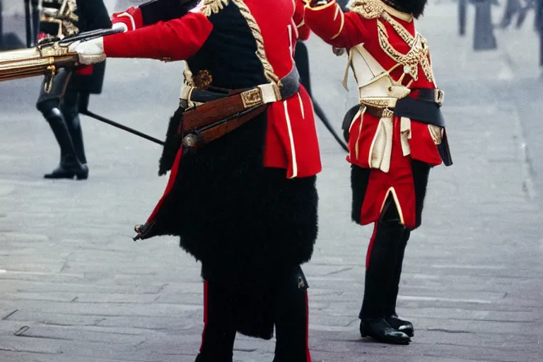 Image similar to closeup portrait of boris johnson dressed as a queen's guard firing a musket in a london street, natural light, sharp, detailed face, magazine, press, photo, steve mccurry, david lazar, canon, nikon, focus