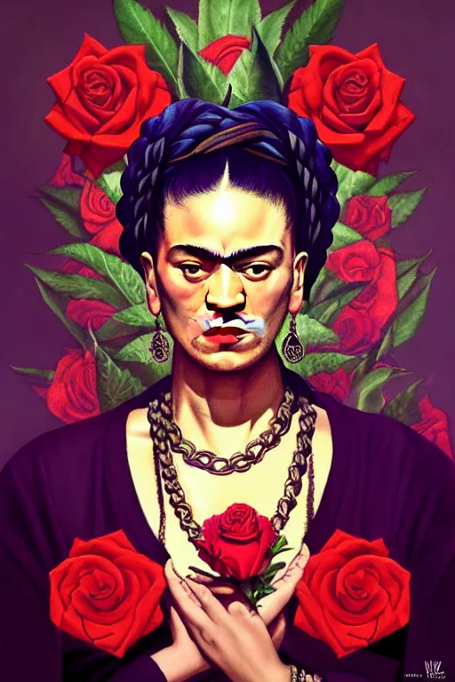 Image similar to rap album cover featuring frida kahlo wearing gangster thug outfit, staring directly into camera, intricate, elegant, dramatic lighting, highly detailed, digital painting, artstation, sharp focus, illustration, art by wlop, mars ravelo and greg rutkowski, roses replaced by weed buds, album cover, parental advisory