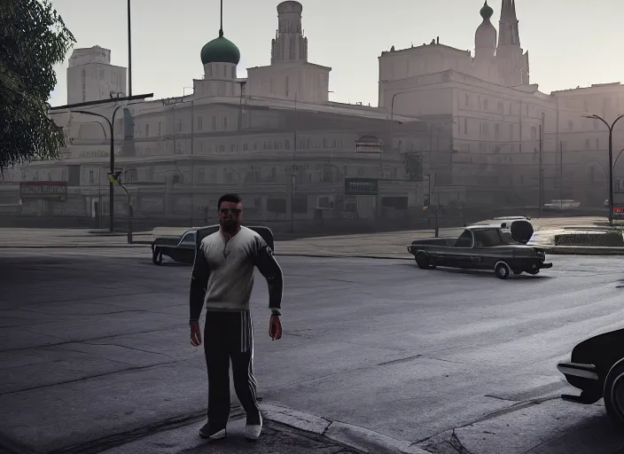 Image similar to cinematic photo gta 5, moscow, man in adidas tracksuit, churches, buildings, road, moskvich, rtx, volumetric light, 3 d art by crewdson gregory and artgerm and reflections, moscow, soviet apartment buildings, guns, 1 9 6 0, award winning, artstation, intricate details, realistic, hyperdetailed, 8 k resolution