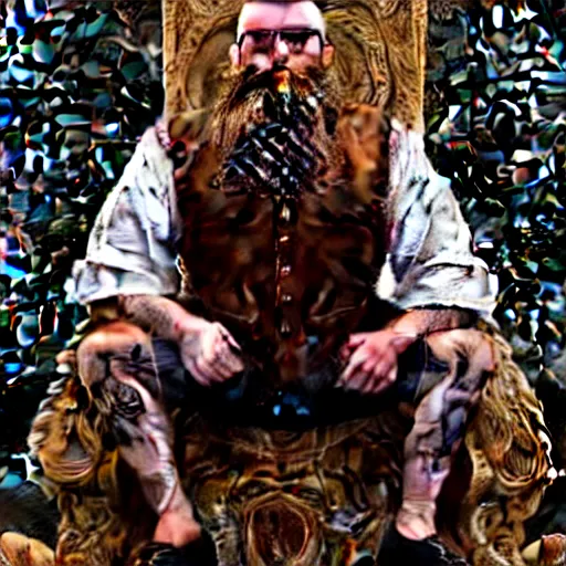 Image similar to bearded king squats over his throne and poops an enormous amount while onlookers praise him