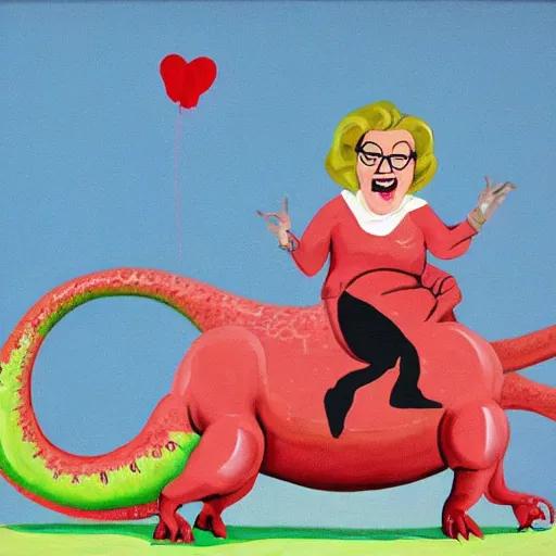 Prompt: postmodern painting of mrs doubtfire riding a dinosaur