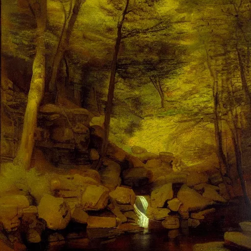 Prompt: ricketts glen, oil on canvas, by rembrandt