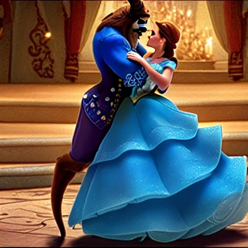 Prompt: [ disney's beauty and the beast ] blue gold pixar