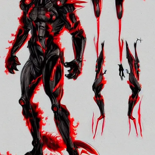 Image similar to Character design body made of fire, body with black and red lava, Lizardman Art, muscular male body, mecha humanoid with cyberpunk bomber jacket, concept art character, royalty, smooth, sharp focus, organic, deep shadows, sketch line art for character design