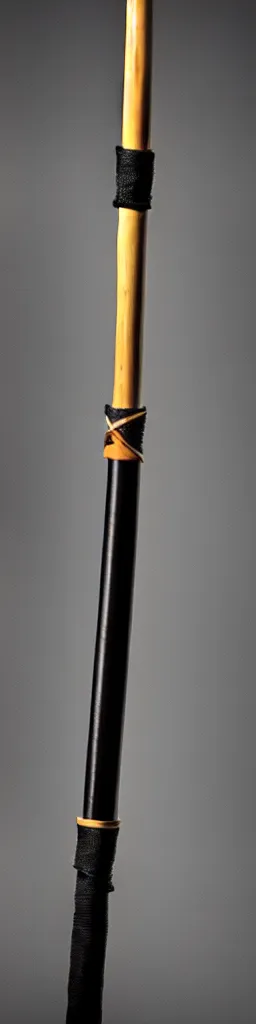Image similar to picture of a single wooden long straight thin ninja fighting staff, black, weapon, highlight, sci - fi, fantasy, dnd, close shot, bright uniform background, award winning