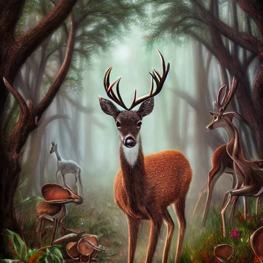 Image similar to a deer in a forest full of robots, by lauri blank, artgerm, evelyn de morgan, 8K, 50mm lens