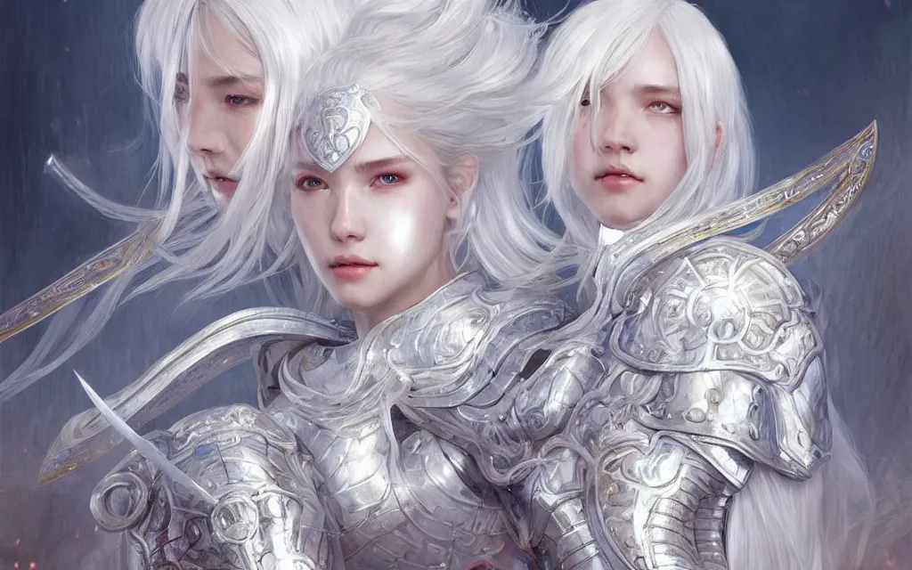 Image similar to white hair knights of zodiac girl, sliver ice color reflected armor, taekwondo vs fighting in ruined agora of athens sunrise, ssci - fi and fantasy, intricate and very very beautiful and elegant, highly detailed, digital painting, artstation, concept art, smooth and sharp focus, illustration, art by tian zi and wlop and alphonse mucha