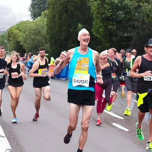 Prompt: A 3 metre tall man running marathon between normal height people