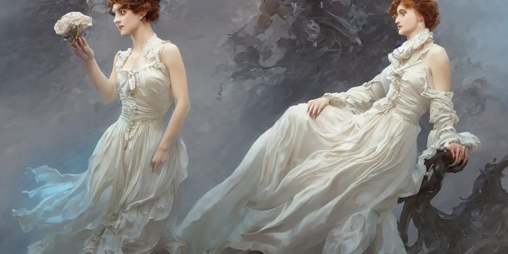 Image similar to lady dressed in a vaporous wrapped large victorian cream roses silk semi-transparent blue and cream dress fashion is running D&D, fantasy, intricate, elegant, highly detailed, digital painting, artstation, concept art, matte, sharp focus, illustration, art by Artgerm and Greg Rutkowski and Alphonse Mucha