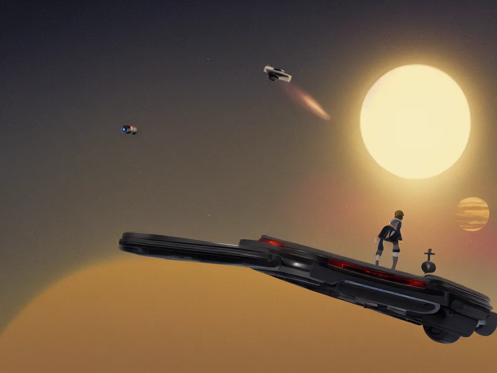 Prompt: A man in a small hoverboard taking off into the Saturn sunset leaving behind a small space colony by Edward Hopper and James Gilleard, 8k, octane render, ultra sharp, detailed digital art