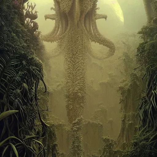 Prompt: epic alien jungle by zdzisław beksinski, greg rutkowski and ernst haeckel. highly detailed, hyper - real, very beautiful, intricate fractal details, very complex, opulent, epic, mysterious, trending on deviantart and artstation