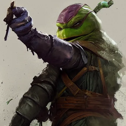 Image similar to portrait painting of our it guy, teenage mutant ninja turtle donatello, painted by greg rutkowski, dishonored 2