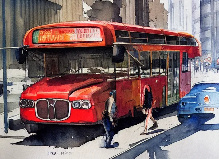 Image similar to concept art of a urban bus, pinterest, artstation trending, behance, watercolor, by coby whitmore, silver, laser light,