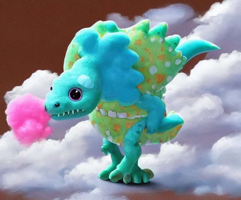 Image similar to a cute little dinosaur, cotton candy, fluffy clouds