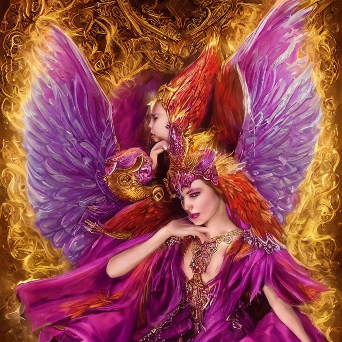 Image similar to Princess sorceress with red flaming bird wings on her back and sitting on an ornate throne dressed in a fancy long purple dress, beautiful hyper realistic face with a Slight smile and open eyes, Fantasy, Half Body Portrait, High detail, hyper realistic, planeswalker