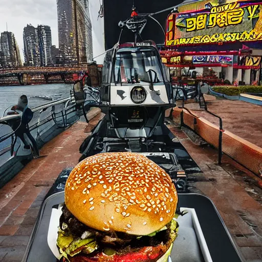 Image similar to giant delicious burger and fries splashes into New York city river, mind-bending digital art, macro photography 25mm, hollywood movie cinematic helicopter view