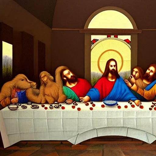Image similar to A beautiful painting of the Last Supper, with Jesus and his disciples replaced by various animals. The painting is set in a forest, with a deer at the head of the table and a squirrel and rabbit to either side. clockpunk, crayon art by Hiroshi Yoshida, by Iryna Yermolova, by Catherine Hyde 3d render