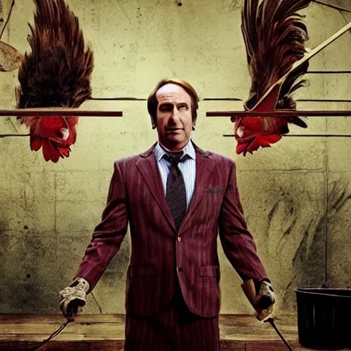 Image similar to saul goodman and a rooster in a saw movie torture chamber, torture devices in the background, saul goodman, rooster, photo