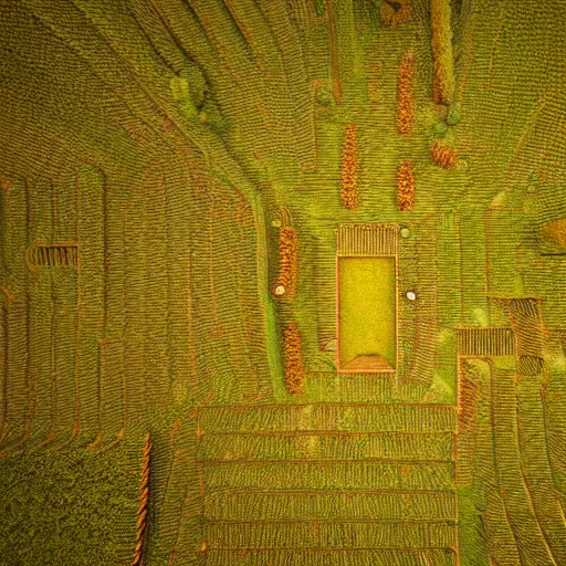 Prompt: hyperrealistic dslr film still of overhead view of sophisticated corn maze, stunning 8 k octane comprehensive 3 d render, inspired by istvan sandorfi & greg rutkowski & unreal engine, perfect symmetry, dim volumetric cinematic lighting, extremely hyper - detailed, incredibly real lifelike attributes & flesh texture, intricate, masterpiece, artstation, stunning