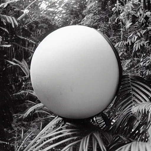 Image similar to a rizom lost film footage of a ( ( ( ( ( ( ( ( sphere ) ) ) ) ) ) ) in the middle of the tropical jungle / tribalism!!!!! / film still / cinematic / enhanced / 1 9 2 0 s / black and white / grain