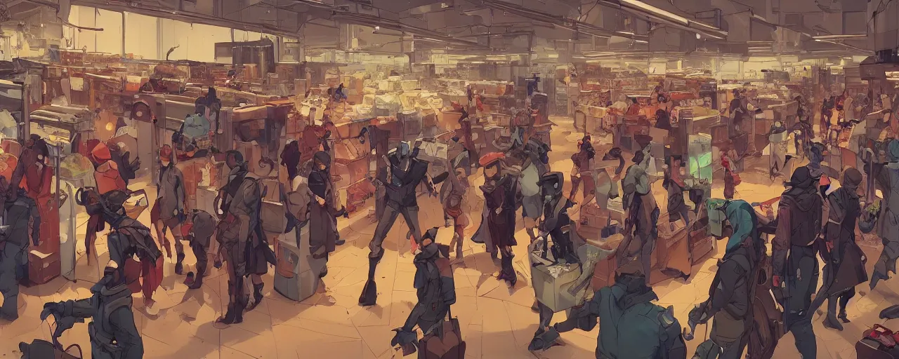 Image similar to inside a crowded dystopian supermarket behance hd artstation by jesper ejsing, by rhads, makoto shinkai and lois van baarle, ilya kuvshinov, ossdraws, that looks like it is from borderlands and by feng zhu and loish and laurie greasley, victo ngai, andreas rocha