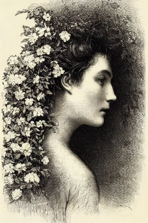 Image similar to extreme close-up portrait of a beautiful french woman from behind with flower in the head, forest background, Gustave Dore lithography