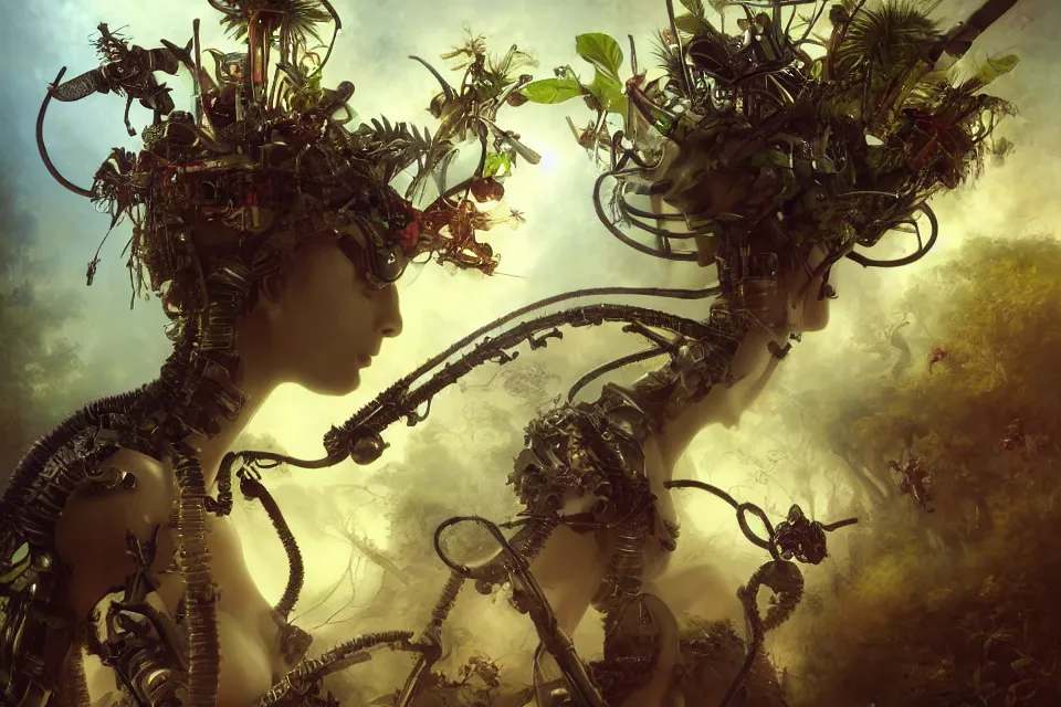 Image similar to an extreme close - up of a cyborg nymph wearing gothic helmets playing with a giant insect surrounded by saxophones, palm trees, jungle fruit, volumetric light caustics kim keever clouds of pigment smoke, by hajime soryama, boris vallejo, bouguereau