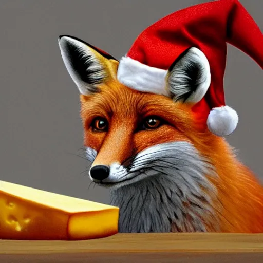 Image similar to perfectly-centered-Portrait-full-shot of a fox, wearing a santa hat, sitting next to a pile of cheese, intricate, elegant, super highly detailed, professional digital painting, artstation, concept art, smooth, sharp focus, no blur, no dof, extreme illustration, Unreal Engine 5, 8K, art by artgerm and greg rutkowski and alphonse mucha and loish and WLO