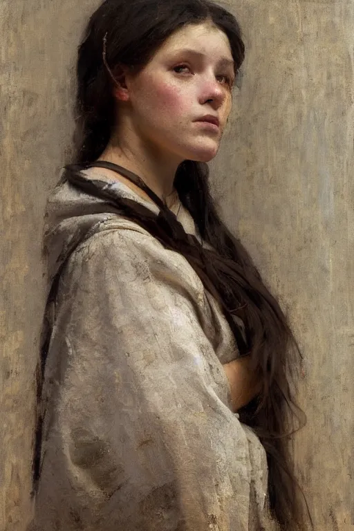 Image similar to Richard Schmid and Jeremy Lipking and Antonio Rotta full length portrait painting of a young beautiful traditonal bible character Mary Magdalene woman