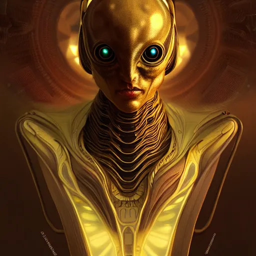 Image similar to hyper advanced alien evolved from a locust, sci fi, glowing eyes, volumetric lights, gold theme, art nouveau botanicals, intricate, highly detailed, digital painting, artstation, concept art, smooth, sharp focus, cinematic, illustration, beautiful face, art by artgerm and greg rutkowski and alphonse mucha