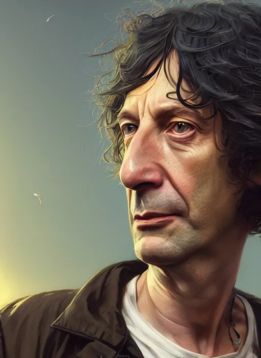 Image similar to highly detailed portrait of neil gaiman in gta v, stephen bliss, unreal engine, fantasy art by greg rutkowski, loish, rhads, ferdinand knab, makoto shinkai and lois van baarle, ilya kuvshinov, rossdraws, tom bagshaw, global illumination, radiant light, detailed and intricate environment