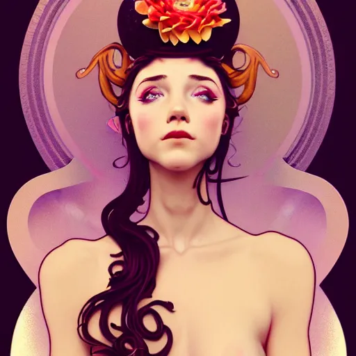 Image similar to portrait of a girl with a bundt cake on her head, digital art, cinematic, concept art, 8k, painting, imaginefx, cgsociety, art nouveau, Alphonse Mucha, trending on artstation