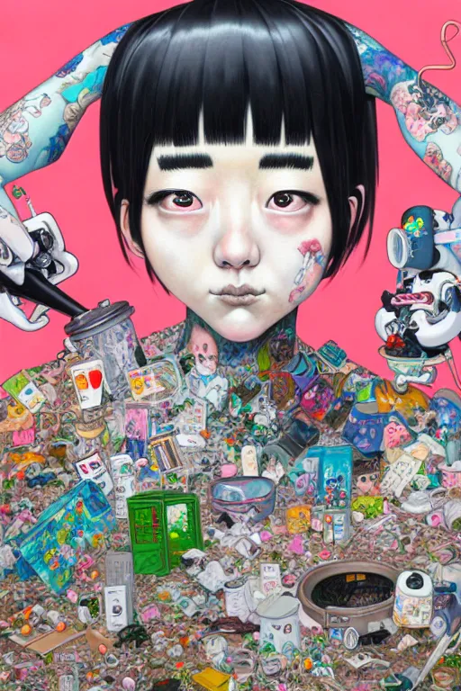 Image similar to full view, from a distance, of anthropomorphic trashcan from japan, style of yoshii chie and hikari shimoda and martine johanna, highly detailed