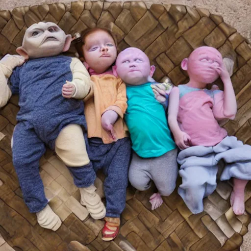 Image similar to playground nap - time with baby voldemort and baby harry potter and baby yoda and baby groot and baby mando and baby gummi bear, block party.