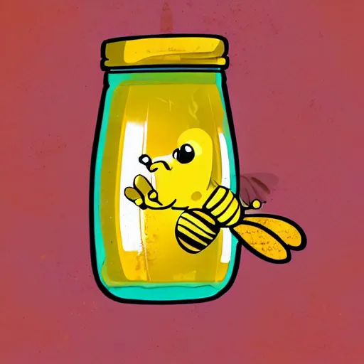 Prompt: cute bee flying out of a jar of honey with a wooden honey dipper in it, concept art, illustrated, highly detailed, high quality, bright colors, optimistic,